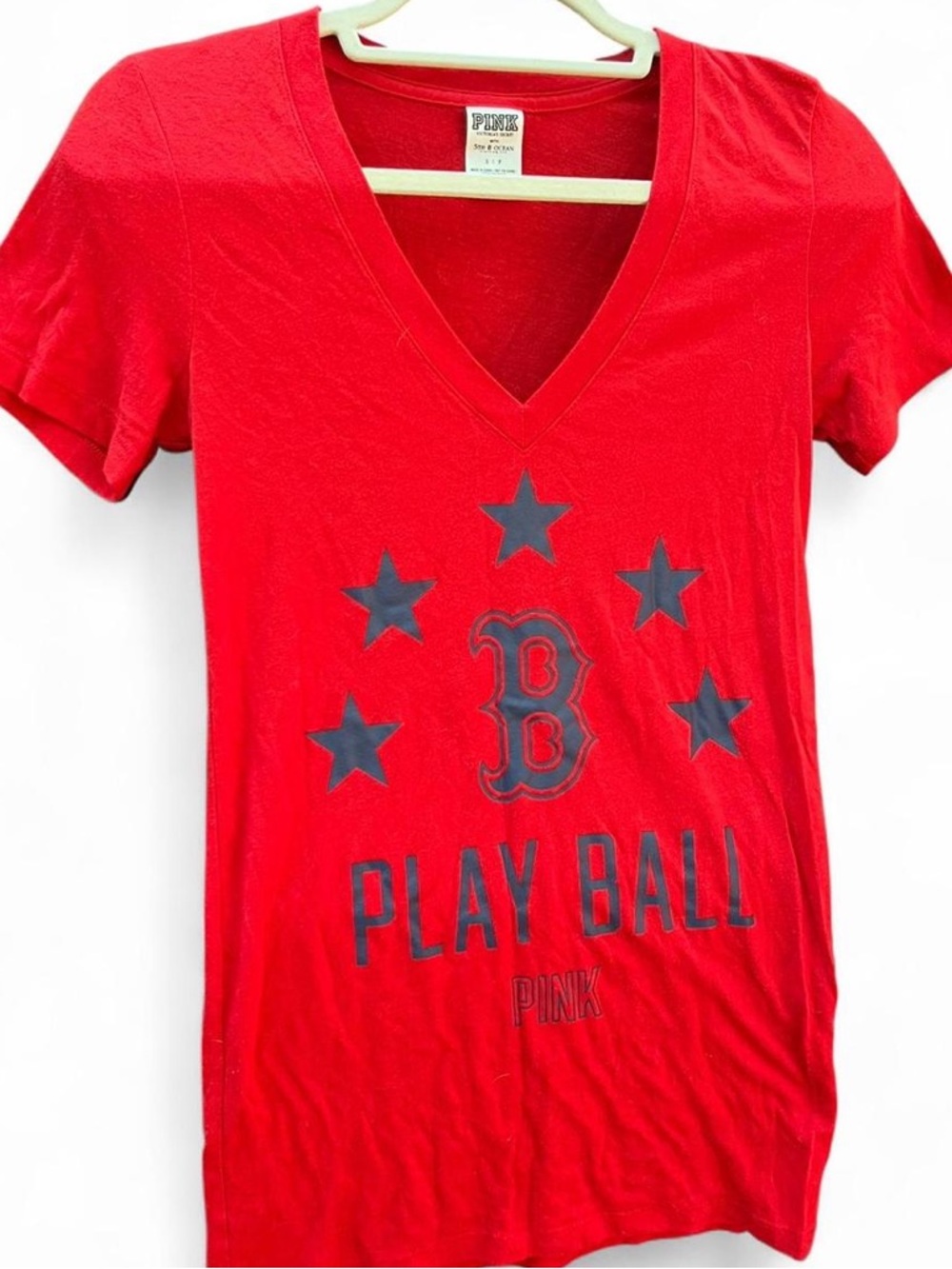 PINK Victoria's Secret Red 'Play Ball' V-Neck Tee with Navy Stars